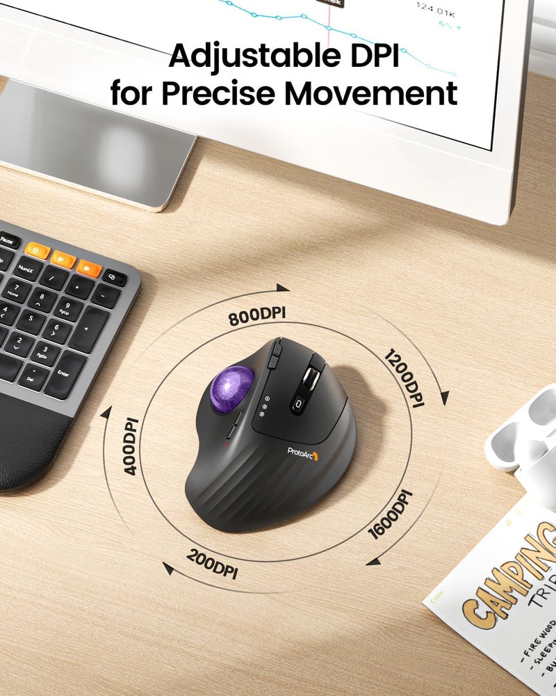 ProtoArc Wireless Trackball Mouse, EM01 NL Ergonomic Bluetooth Rollerball Thumb Rechargeable Computer Laptop Mouse, Adjustable Angle & 3 Device Connection for PC, Mac, Windows-Purple Ball - Image 5